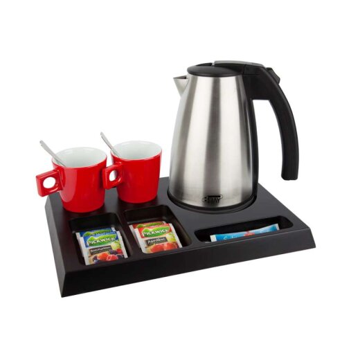 Willkommenstablett SIGNUM Braun mit Wasserkocher STYLE 1,0 L Edelstahl und 2 rote Porzellantassen