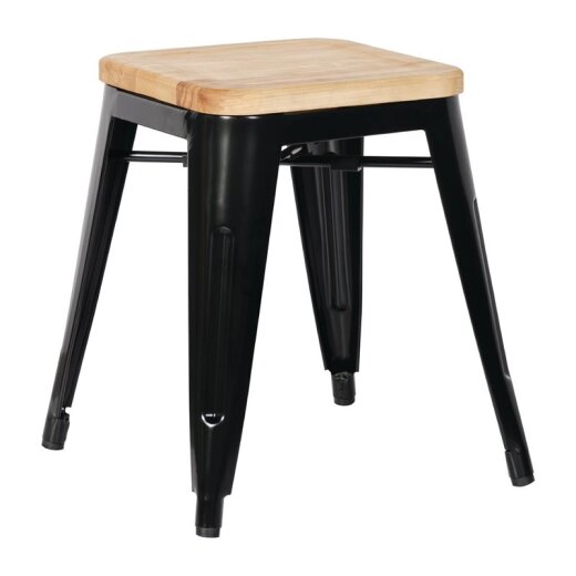 Hocker niedrig 4 Stück Bolero aus Stahl Schwarz mit Holzsitz