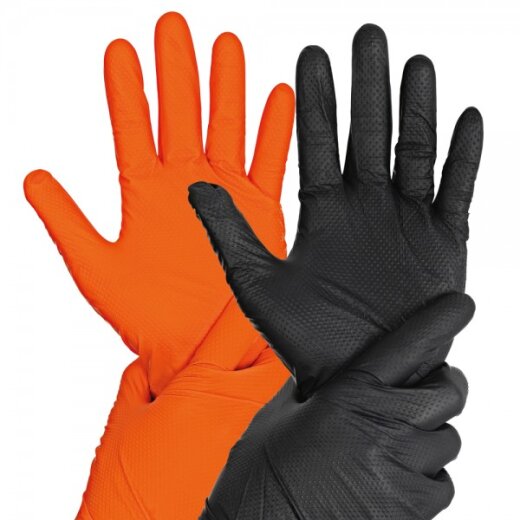 Nitrilhandschuhe puderfrei 10x50 Stück Schwarz oder Orange 24 cm Diamond Grip verschiedene Größen