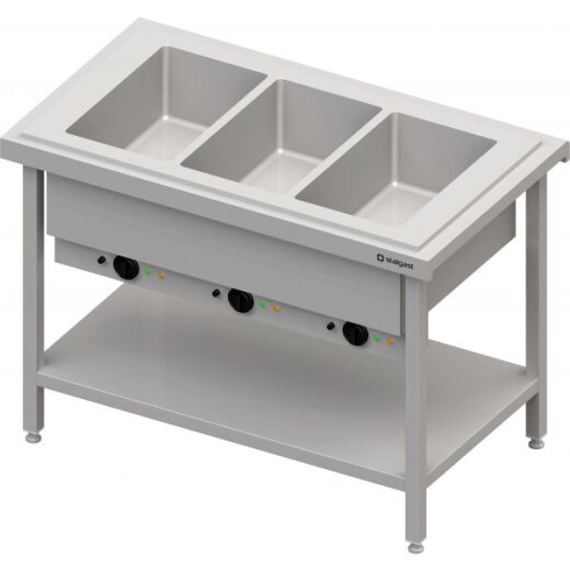 Warmausgabe mit Bain-Marie 3x GN1/1 Einzelbecken, 1245x735x880, Edelstahlabdeckung