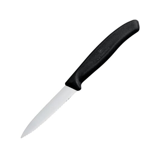 Schälmesser spitz Wellenschliff 8 cm Schwarz