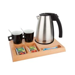 Willkommenstablett SIGNUM Braun mit Wasserkocher STYLE 1,0 L Edelstahl und 2 schwarze Porzellantassen