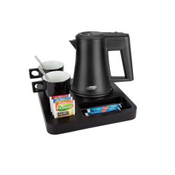 Willkommenstablett SLIM Schwarz mit Wasserkocher STAR 0,5 L Schwarz und 2 schwarze Porzellantassen