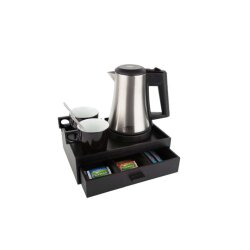 Willkommenstablett SMART Dunkelbraun mit Wasserkocher STAR 0,5 L Edelstahl und 2 schwarze Porzellantassen