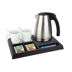 Willkommenstablett STAY Schwarz mit Wasserkocher STYLE 1,0 L Edelstahl und 2 weiße Porzellantassen
